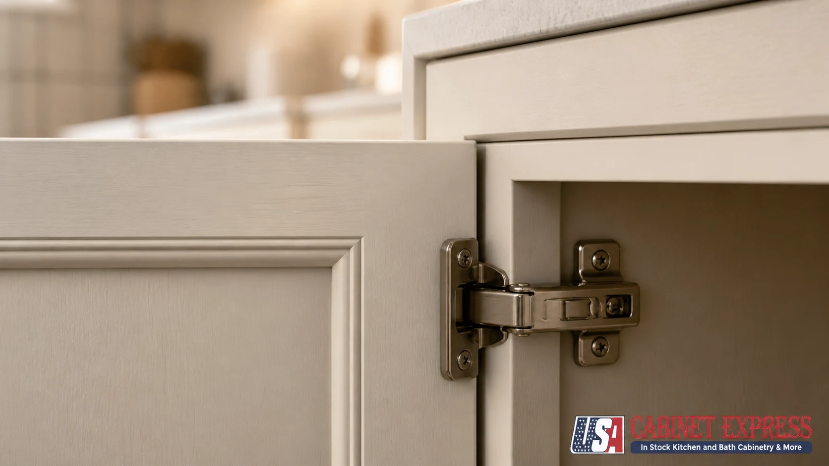Macro view of the reveal and concealed hinge on an inset cabinet door