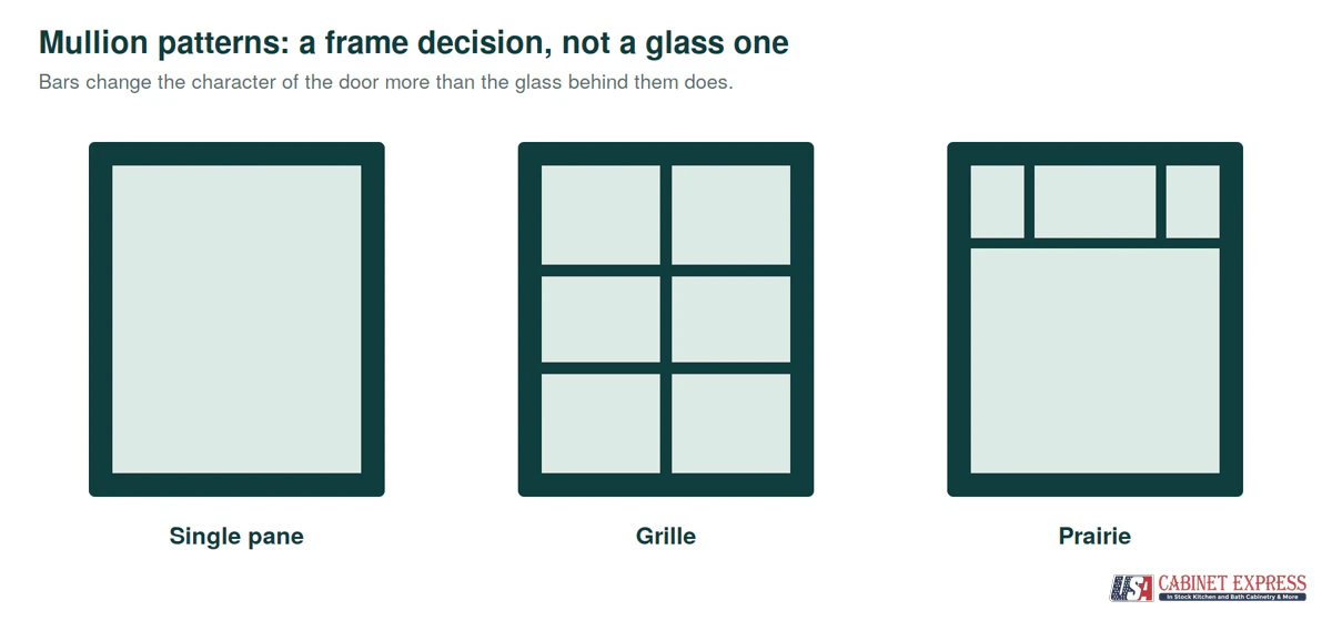 Single pane, grille and prairie mullion cabinet door patterns compared