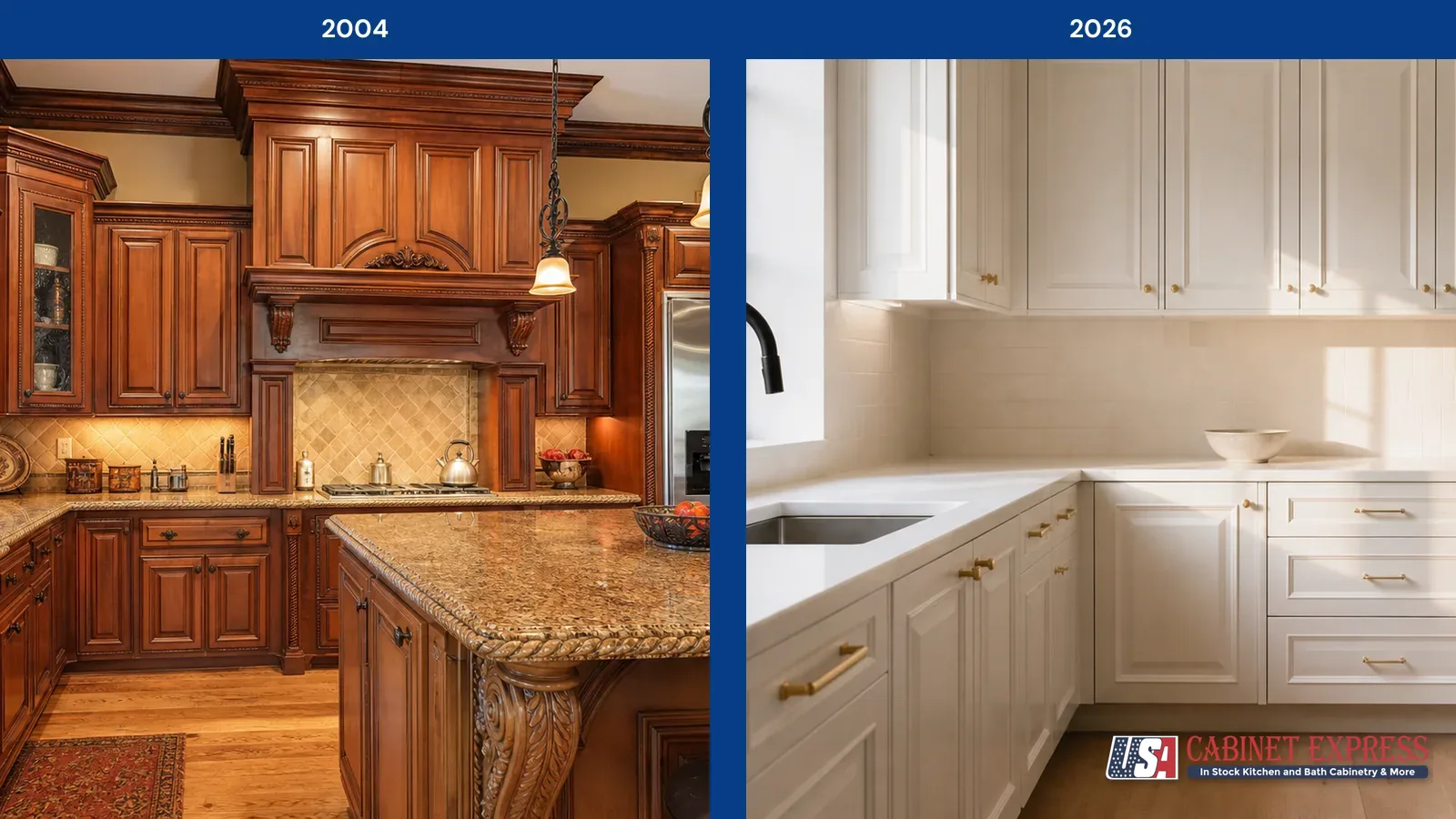 Are Raised Panel Cabinets Outdated? A Designer's 2026 Answer 2 Side by side comparison of a dated 2000s raised panel kitchen and a modern painted raised panel kitchen