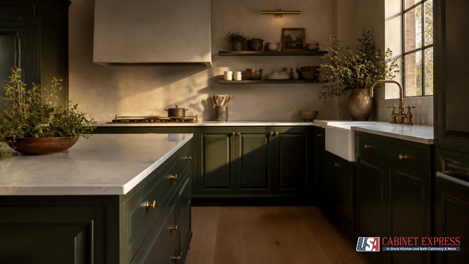 Are Raised Panel Cabinets Outdated? A Designer's 2026 Answer 3 Deep green raised panel cabinets in a traditional kitchen with unlacquered brass hardware
