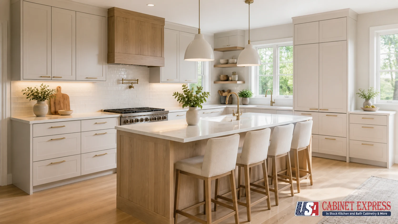 Slim rail full overlay Shaker kitchen with finished end panels and aligned rails