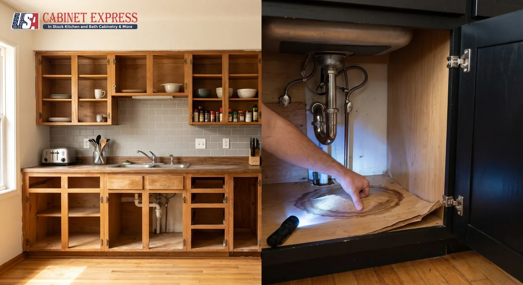 Cabinet Refacing Cost 2026: Is It Worth It? 4 Checking cabinet box condition under the kitchen sink for water damage before a cabinet refacing quote