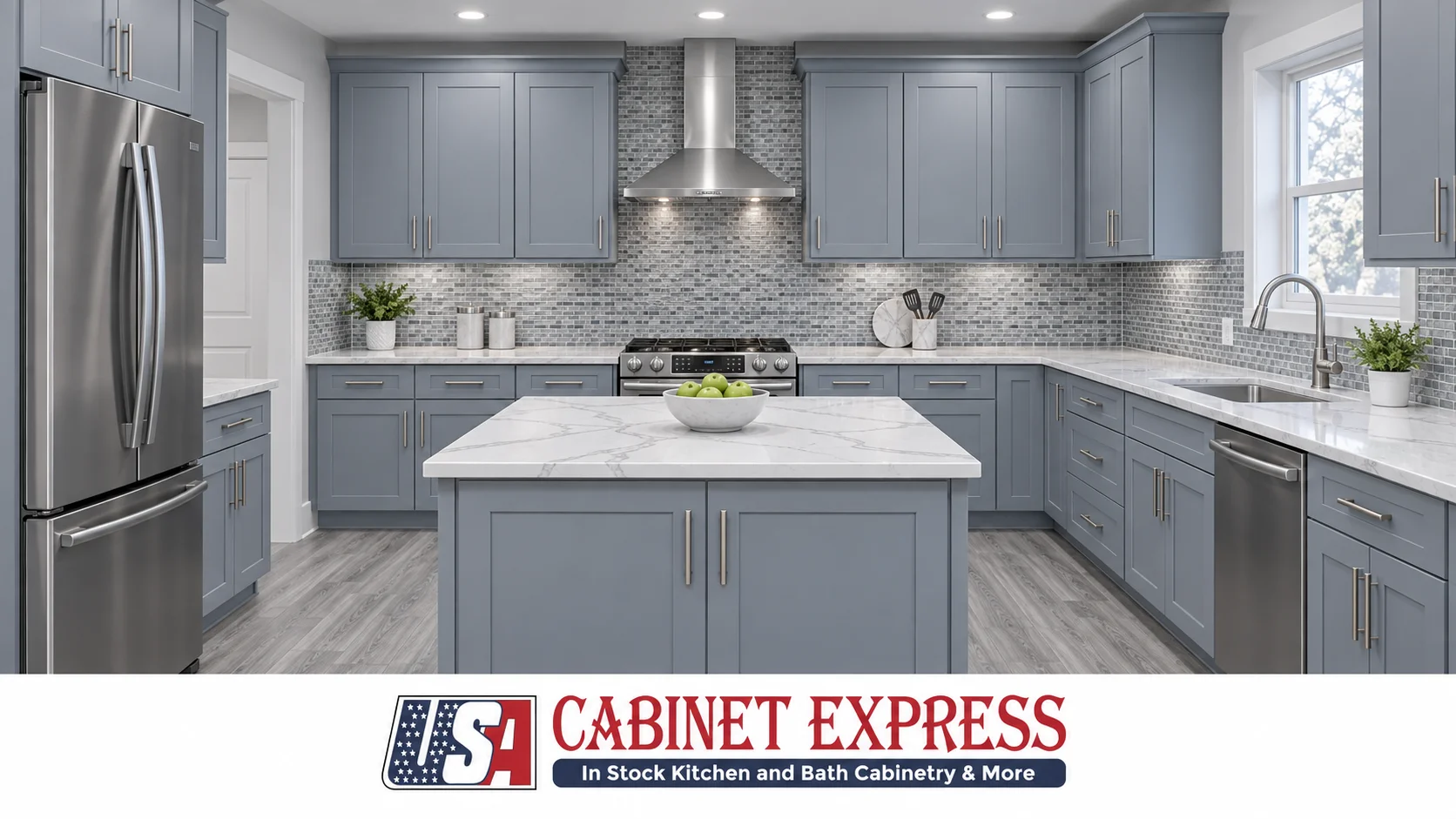 Are Gray Kitchen Cabinets Out of Style in 2026? 4 Cool blue-undertone gray kitchen cabinets with gray wood-look flooring and gray backsplash under cool lighting