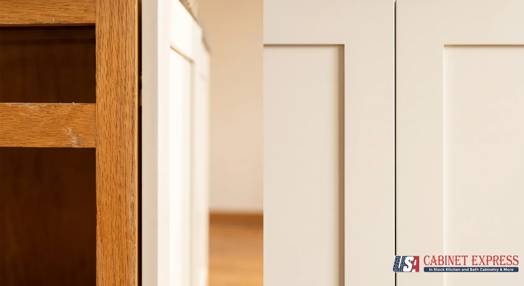Cabinet Refacing Cost 2026: Is It Worth It? 3 Refacing vs replacing cabinet doors: two face frames side by side, one exposed after door replacement, one veneered after cabinet refacing