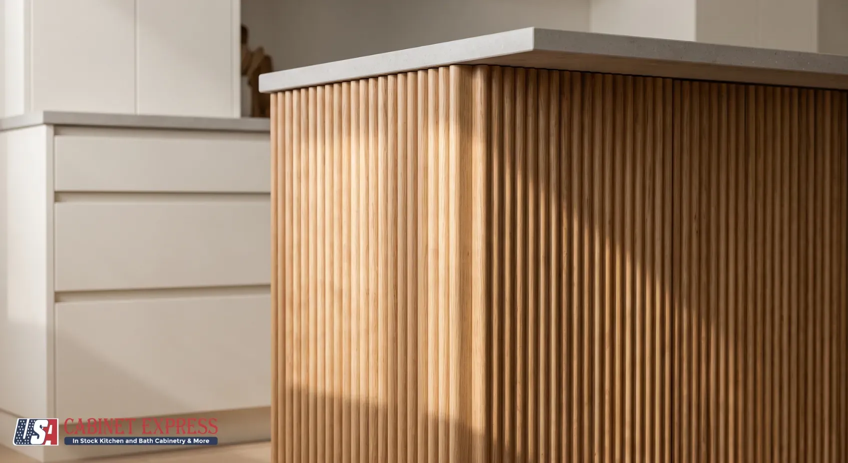 Kitchen Cabinet Door Styles: Most Popular Profiles and What We Expect for 2027 6 Fluted white oak island used as a single accent against plain slab perimeter cabinets