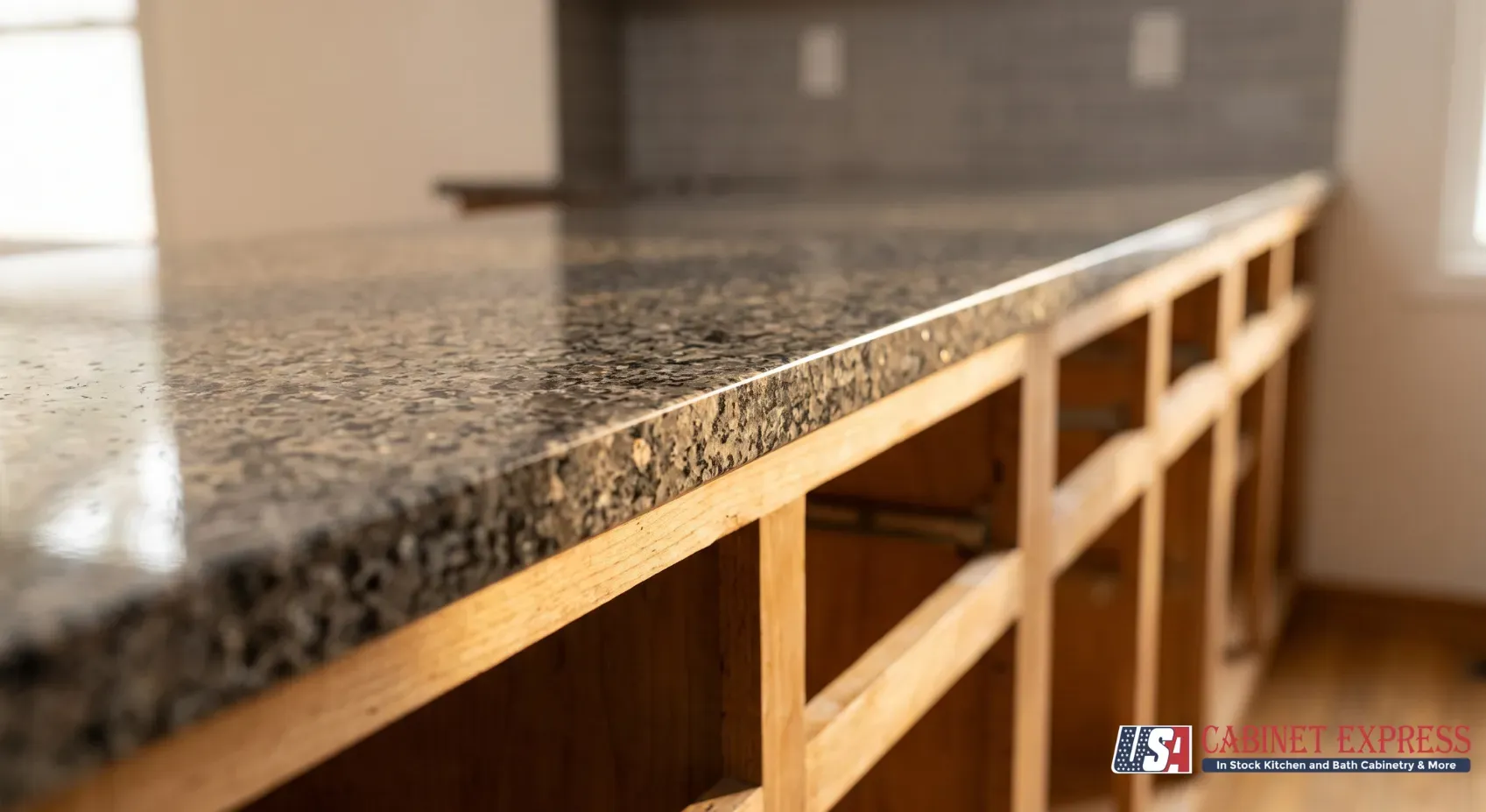 Cabinet Refacing Cost 2026: Is It Worth It? 5 Granite countertop seated on existing kitchen cabinet boxes with the doors removed
