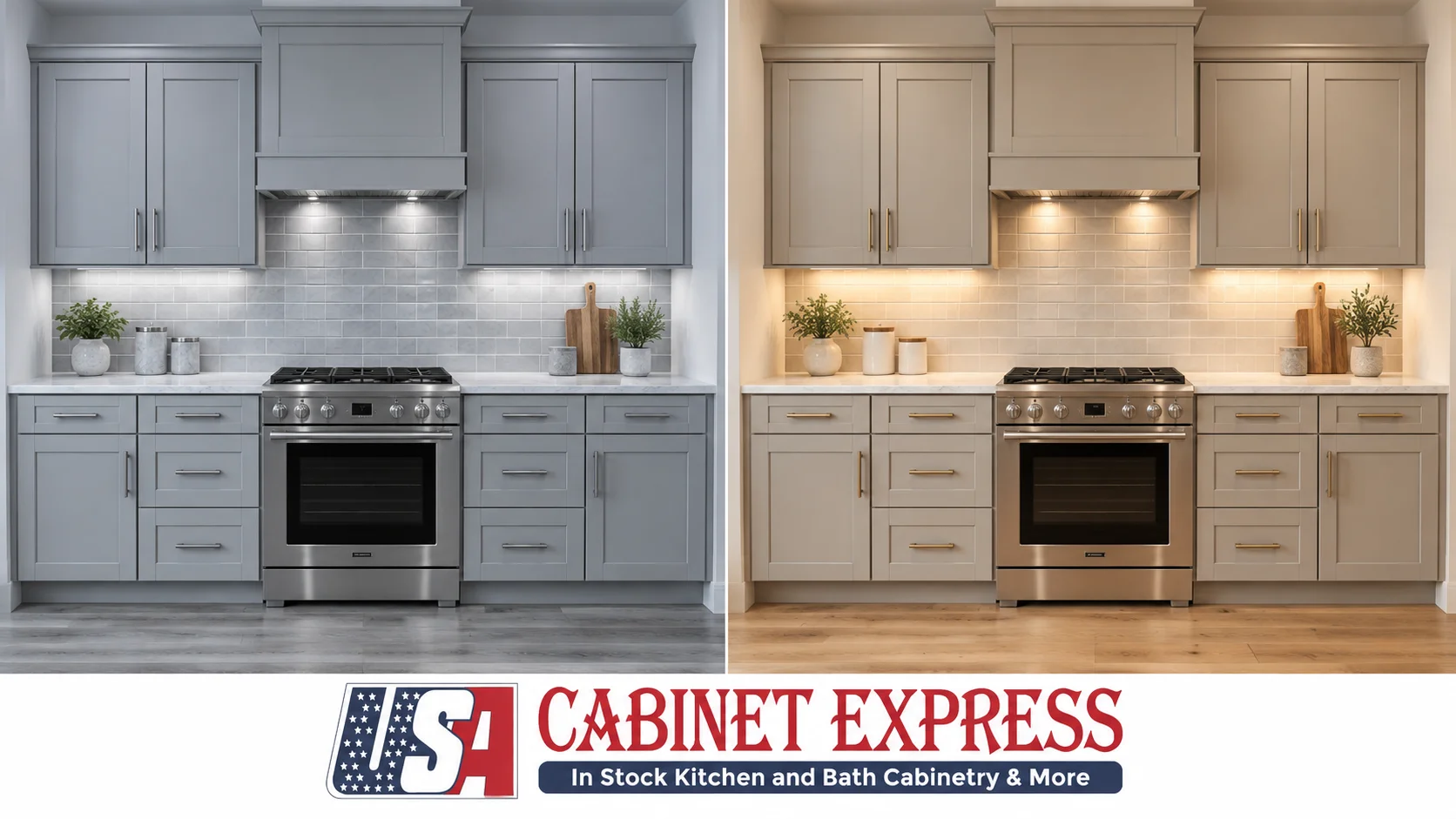 Are Gray Kitchen Cabinets Out of Style in 2026? 1 Cool blue-undertone gray kitchen cabinets compared side by side with warm greige cabinets, showing how undertone changes the look. Are Gray Kitchen Cabinets Out of Style in 2026?