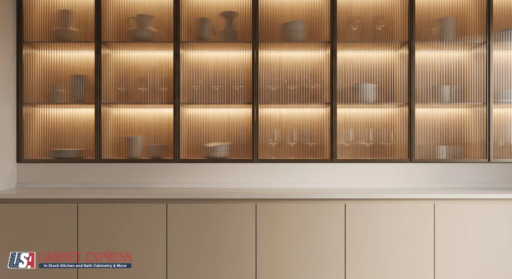 Kitchen Cabinet Door Styles: Most Popular Profiles and What We Expect for 2027 7 Reeded glass upper cabinet doors with warm interior lighting above a run of solid lower cabinets