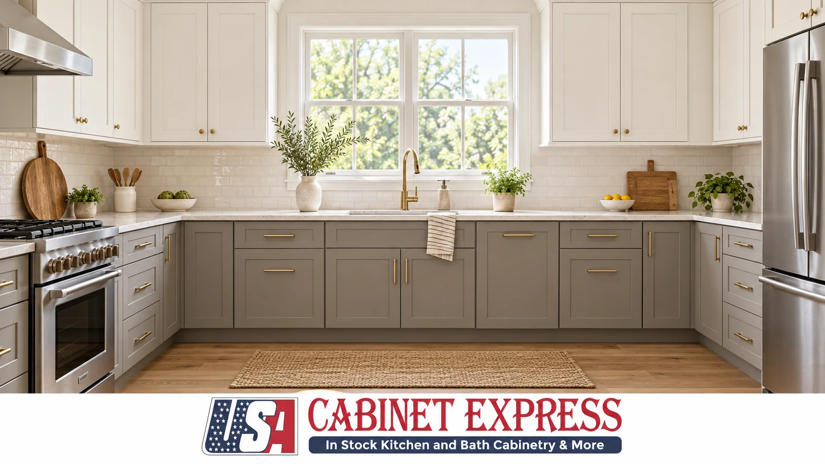 Are Gray Kitchen Cabinets Out of Style in 2026? 6 Two-tone kitchen with gray lower cabinets and warm white upper cabinets, white oak floor and brass pulls