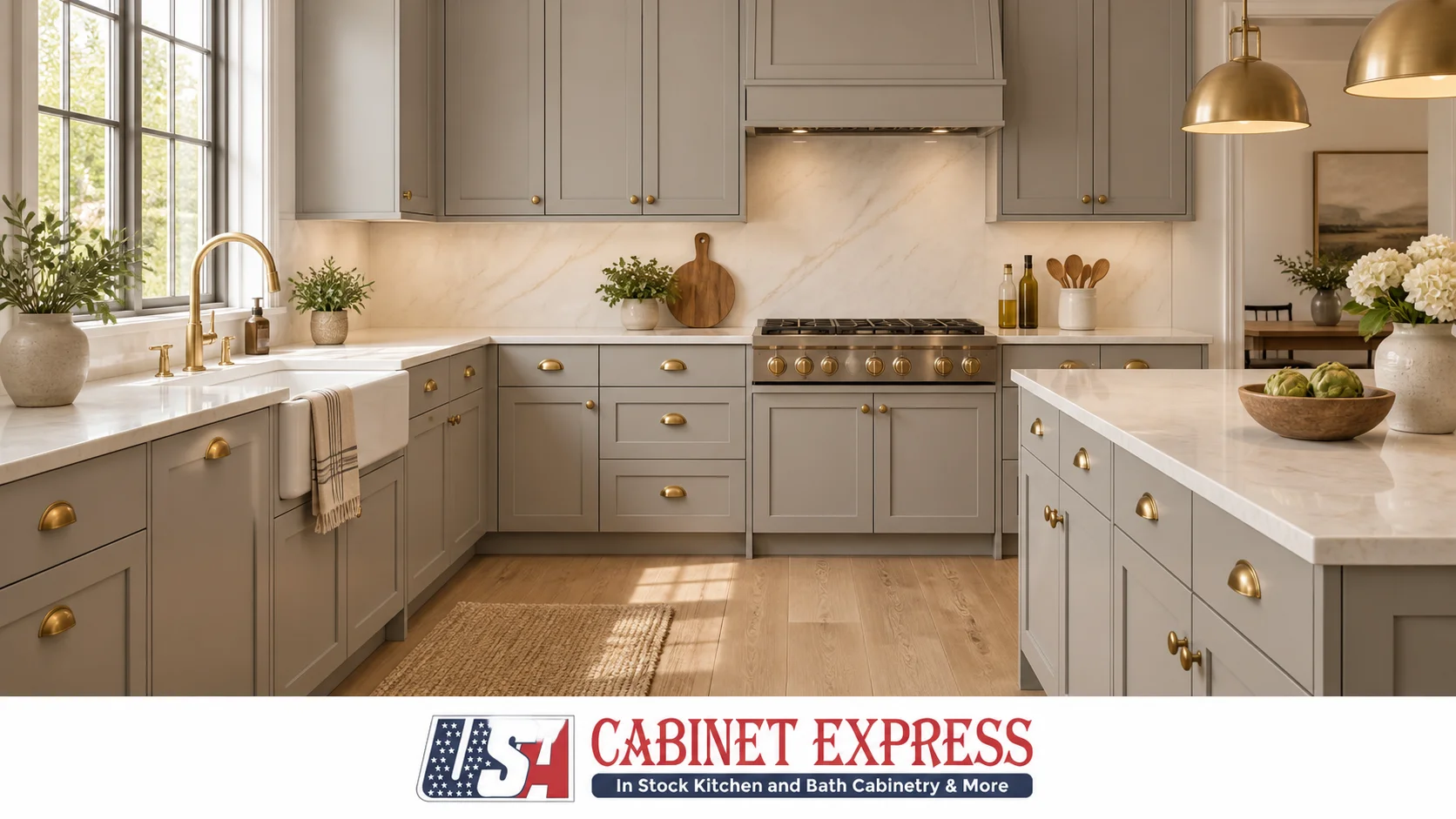 Are Gray Kitchen Cabinets Out of Style in 2026? 5 Warm gray shaker kitchen cabinets with white oak flooring, warm off-white walls and brass hardware