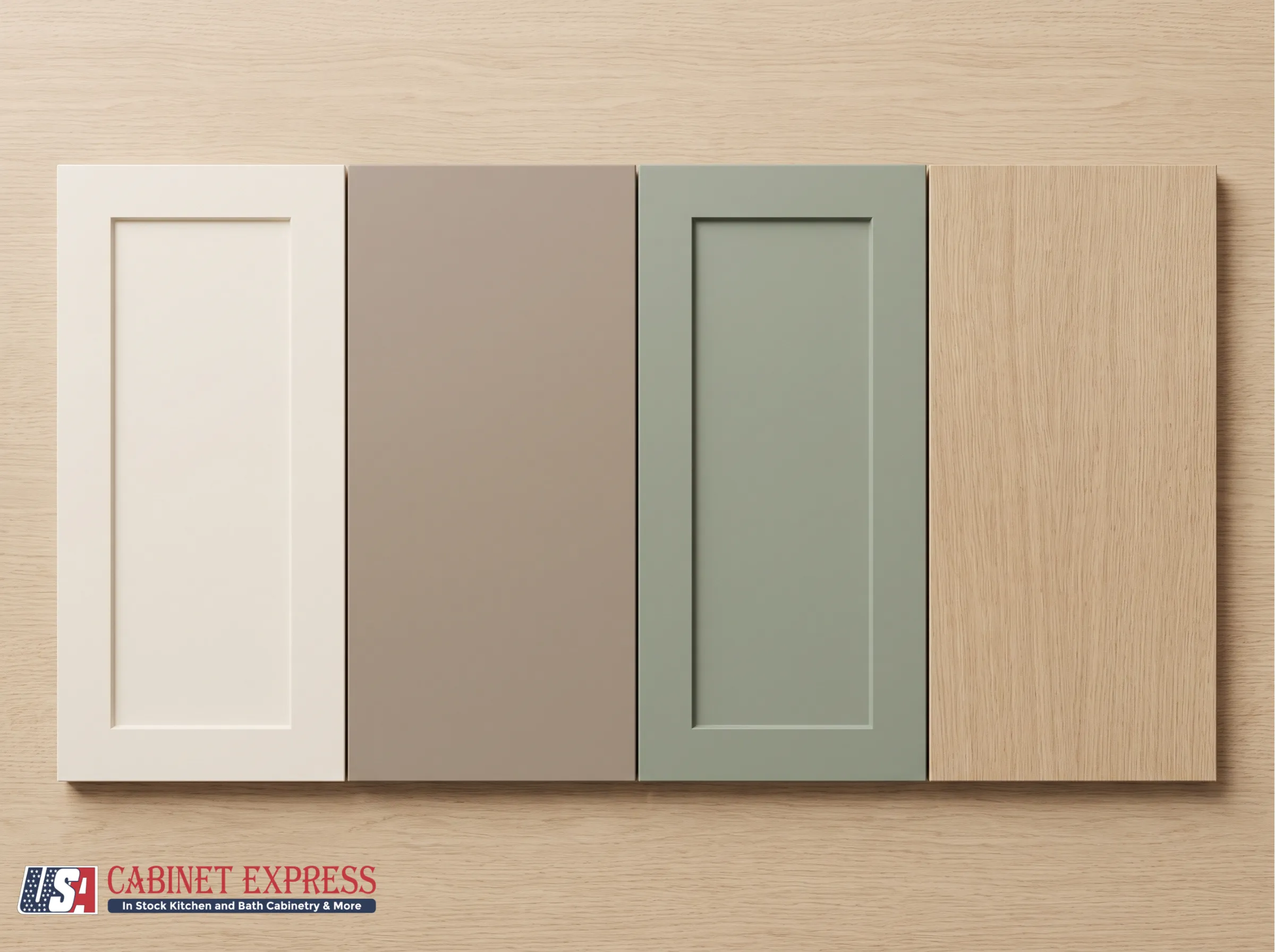 Kitchen Cabinet Door Styles: Most Popular Profiles and What We Expect for 2027 8 Cabinet door samples in warm white, mushroom, sage and white oak arranged on a work surface