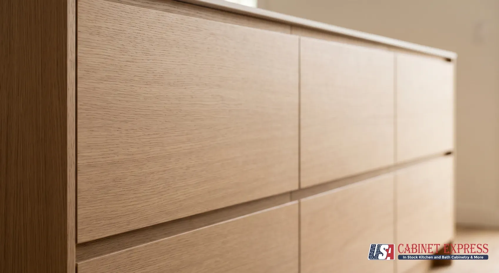 Kitchen Cabinet Door Styles: Most Popular Profiles and What We Expect for 2027 4 Close-up of a rift-sawn white oak flat slab cabinet door with a concealed finger pull