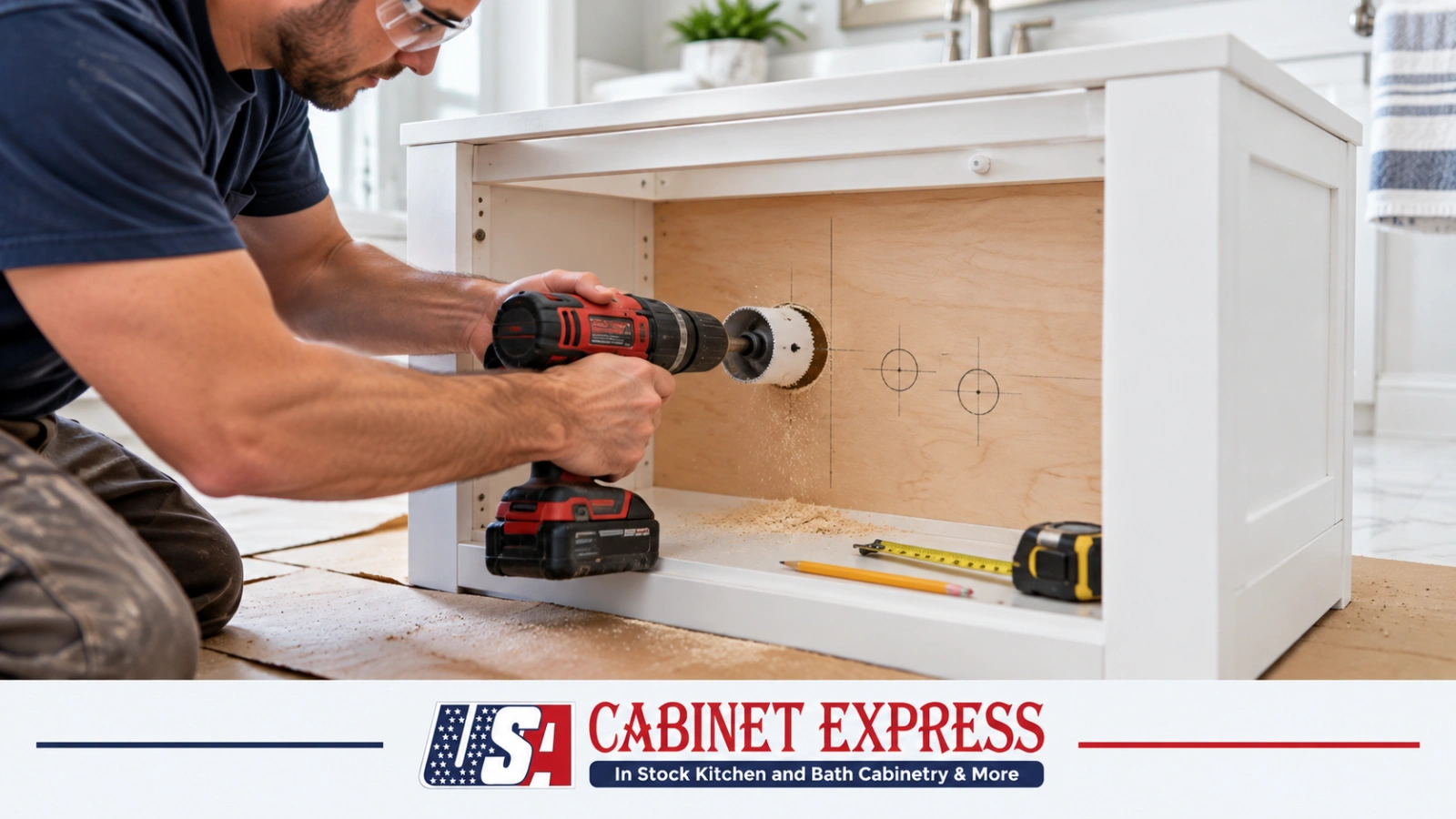 Man wearing safety glasses cutting a plumbing hole with a hole saw in the plywood back of a white Shaker vanity sink base