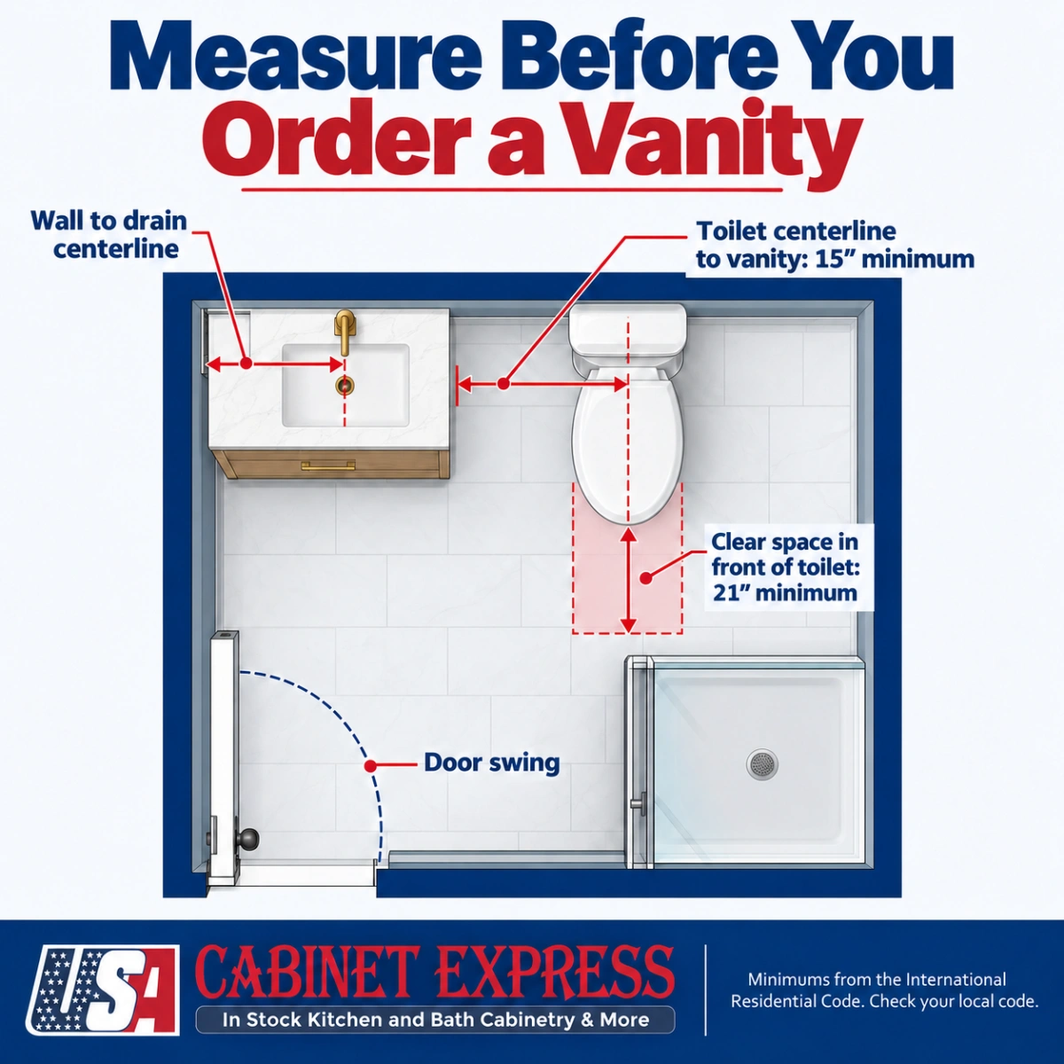 Bathroom floor plan showing the drain centerline, 15 inches from toilet centerline to vanity, 21 inches clear in front of the toilet and the door swing