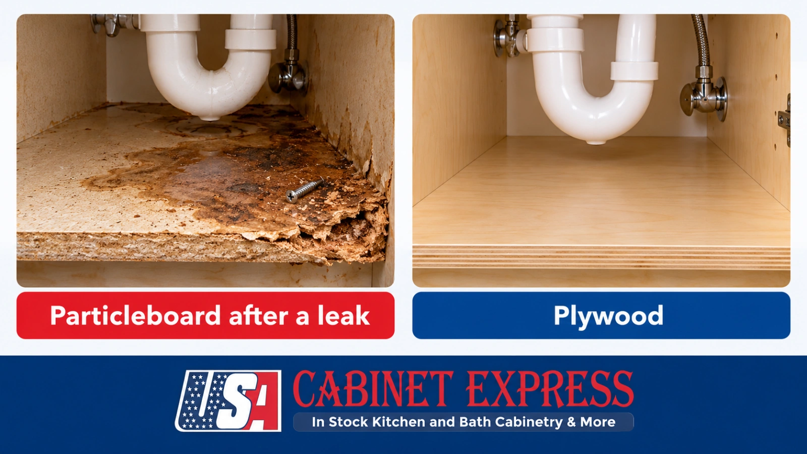 Side-by-side comparison of a swollen particleboard sink cabinet floor after a leak and a dry, flat plywood cabinet floor