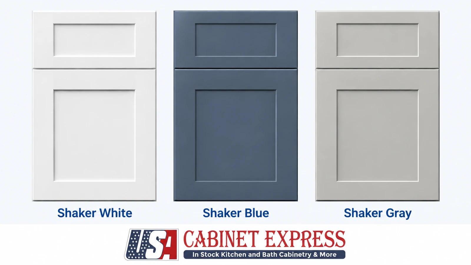 Shaker White, Shaker Blue and Shaker Gray RTA cabinet doors from USA Cabinet Express