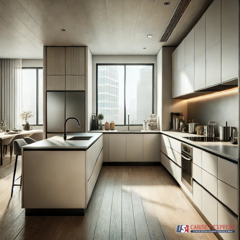 a kitchen with a wood floor and a window