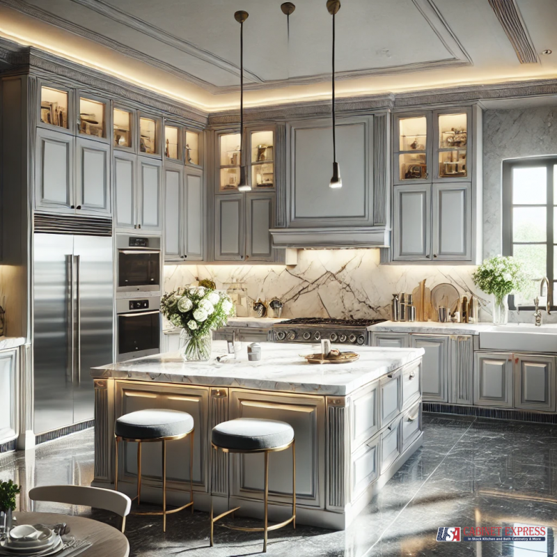 A luxurious classic-style kitchen featuring elegant gray cabinetry with gold accents, marble countertops, and a matching marble backsplash. The space includes a large island with plush barstools, glass-front upper cabinets with warm lighting, and high-end stainless steel appliances. The USA Cabinet Express logo is visible in the bottom right corner.