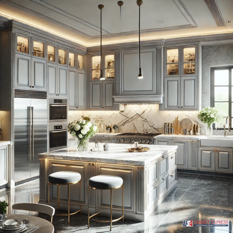 kitchen_with_logo A luxurious classic-style kitchen featuring elegant gray cabinetry with gold accents, marble countertops, and a matching marble backsplash. The space includes a large island with plush barstools, glass-front upper cabinets with warm lighting, and high-end stainless steel appliances. The USA Cabinet Express logo is visible in the bottom right corner.
